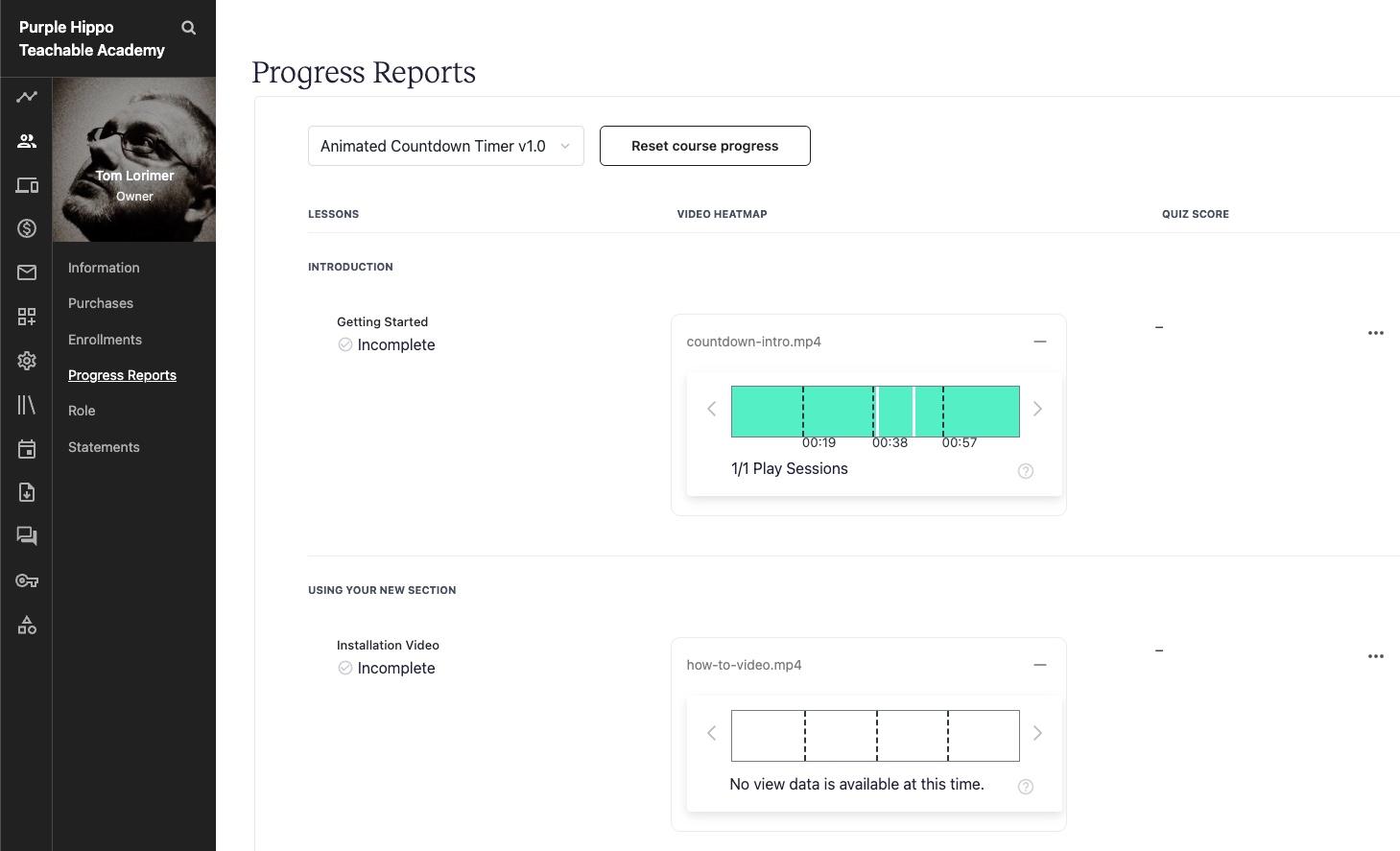 Teachable admin page showing student progress