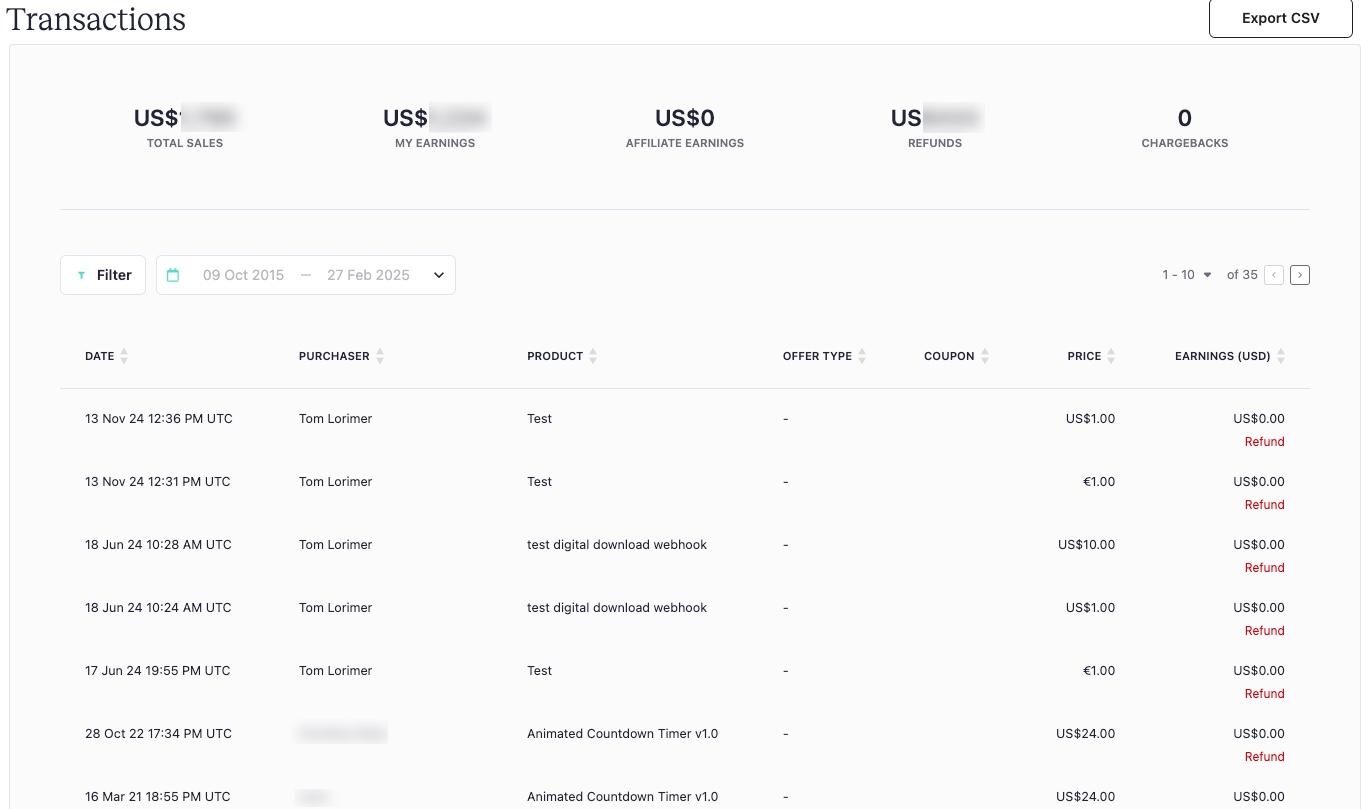 Teachable admin page showing transactions