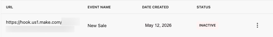 Teachable webhook failure badge showing disabled status